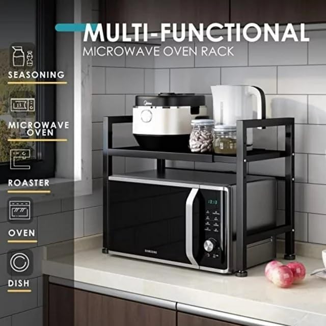 Image of HOME CUBE 1 Tier Microwave Oven Stand for Kitchen Expandable Microwave Oven Rack OTG Stand Kitchen Storage Shelf Spice Rack Toaster Grill Organizer Baker's Rack with 6 Hook (44.5x34.5x47.8 cm)