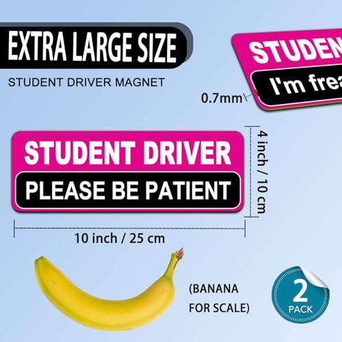 Image of NIMONA Student Driver Magnet for Car - Funny 2 Pack Please Be Patient Removable Magnetic Bumper Sticker Set - Reflective New Driver Safety Sign - Weather-Resistant - 10 x 4 inch (Pink)