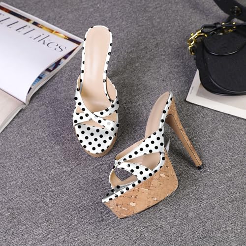 Image of Esvowido Heeled Mules for Women Cork Platform Stiletto Heels Slip on Open Toe High Heeled Sandals Crisscross Slippers Pumps Shoes