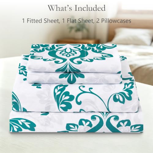 ChicView Queen Size Printed Sheet Set, 4 Pieces Teal Damask Bed Sheets Sets by ChicView - Used condition - Image 6