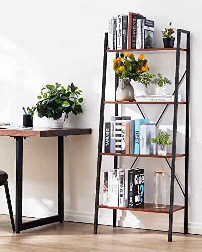Furninxs Ladder Shelf Bookcase, Bookshelf 4 Tier, Industrial Standing Shelf Storage Rack Storage Organizer Plant Stand, Steel Frame Book Shelf For Living Room/Bedroom/Kitchen/Bathroom - Red Brown #TOP7