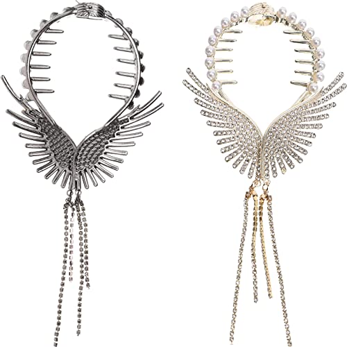 FRCOLOR Gold Hair Accessories Rhinestone Ponytail Buckle Hairpin 2pcs Pearl Hair Claw Clips with Tassel Angel Wings Bun Cover Glitter Diamond Ponytail Holder for Thick Hair Pearl Hair Clip