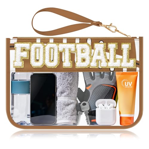 BuyCard Football Gifts Makeup Bag with Chenille Letter Patch Clear Cosmetic Pouch PVC Organizer Purse Waterproof Travel Bag Portable Toiletry Storage Bag for Her Friends