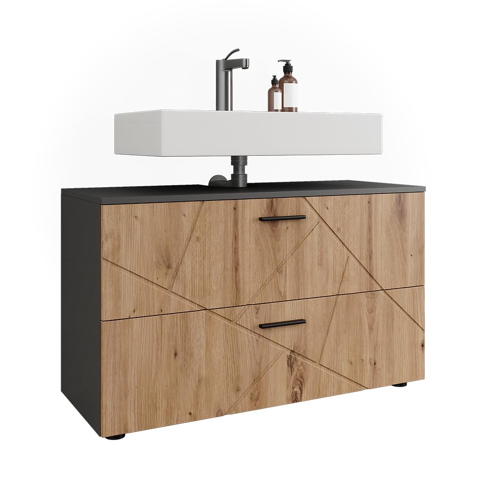 Vicco Meuble sous Vasque Irma, Anthracite/Chêne de Force doré, 100.1x60.6cm avec 2 tiroirs, Convient aux lavabos Standards avec découpe pour Siphon
