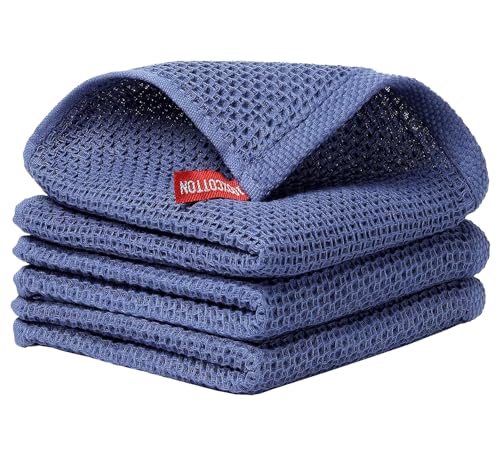 Image of Cotton Kitchen Dish Cloths, 3 Pack Super Absorbent and Lint Free Waffle Weave Dish Towels, Fast Drying Dish Rags for Washing Dishes, 13.4 X 13.4 Inch, (Dark Blue, Pack of 3)