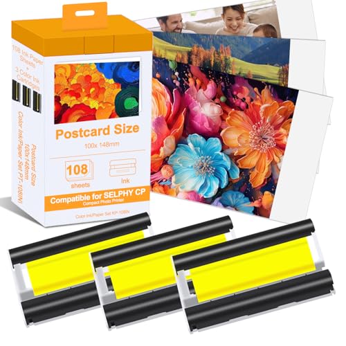 SELPHY CP1500 Ink and Paper Value Pack Compatible with Canon Selphy KP-108IN Ink and Paper Set for Canon CP1500 CP1200 CP1300 Photo Printer(4 x 6 inch 108 Sheets + 3 Color ink Cartridges)