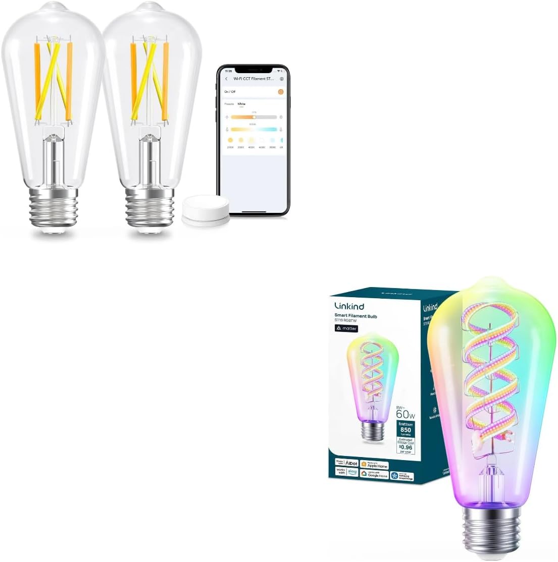 Linkind Smart Edison Bulbs, 2700K-6500K Tunable WiFi Edison Bulbs+Matter Smart Bulbs