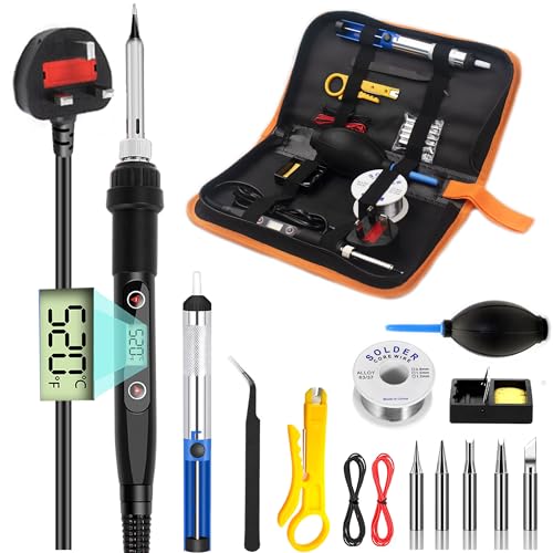 15PCS Soldering Iron Kit, 80W Adjustable Temperature Soldering-Iron Gun Kit Welding Tool with 5 Solder Iron Tips,2 Auxiliary Lines,Tin Suction Pen,Solder Wire,Wire Stripper Cutter,Stand,Tool Bag