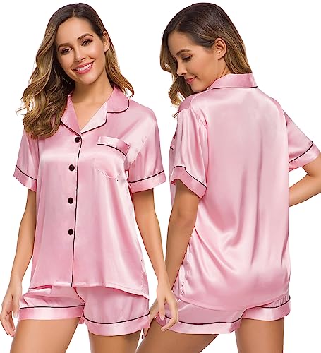 Image of SWOMOG Women Button Down Pajamas Set Short Sleeve Sleepwear Soft Nightwear Loungewear Carnation Pink