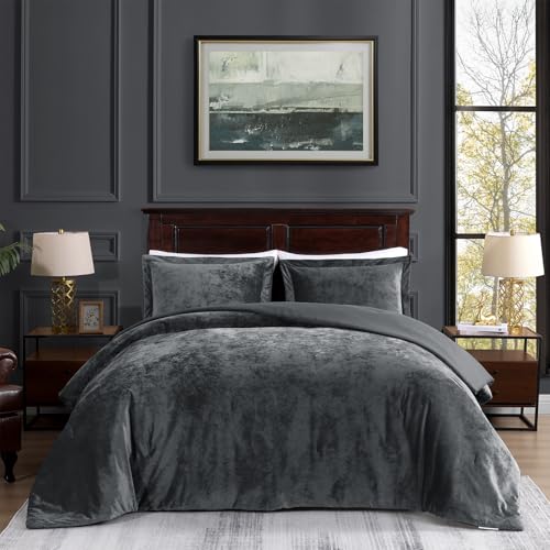 TAMGHO Crushed Velvet Grey Comforter for Queen Size Bed, Luxury Soft Velvet Bedding Set for All Seasons, 3pc Grey Bed Set Queen, 1 Comforter (92"x96") and 2 Pillow Shams (20"x26"+2")