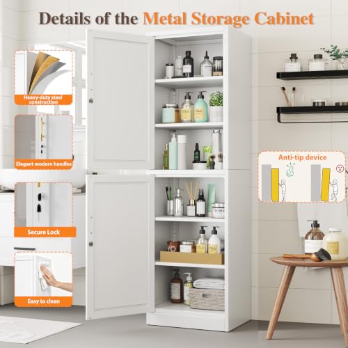Image of Metal Locker Storage Cabinet Tall Narrow Storage Cabinets with Adjustable Shelves and for Home Office, Living Room, Dining Room (White 2 Door)