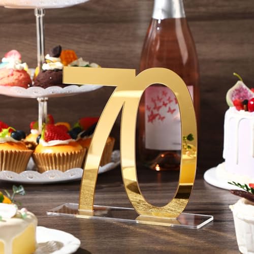 Image of Threehoney 12 Pcs Mirror Gold 70th Birthday Decorations for Men and Women Acrylic Anniversary Decorations Table Numbers Centerpieces for Birthday Party