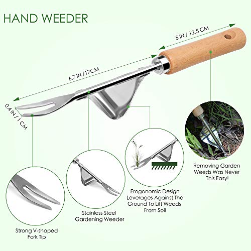 Garden Hand Weeder And Trowel Tool Kit - Digging, Shovel, Grass Puller, Remover, Dandelions, Thistle, Lawn Picker, Claw Fork, Stainless Digger For Small, Root, Prong Short Gardening Waste Bag Included