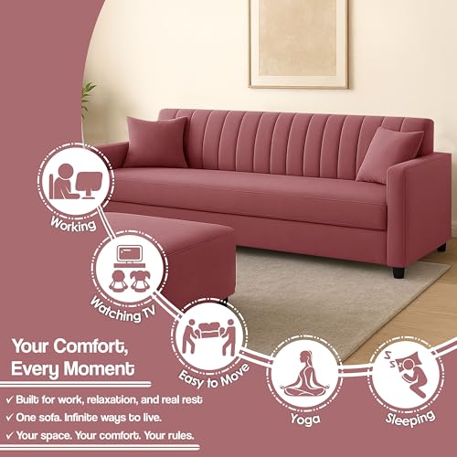 Image of 3+2 Fabric Sofa Set with Ottoman for Living Room | Modern Upholstered 5-Seater Couch | Soft Cushion, Premium Velvet Fabric-Rose Pink
