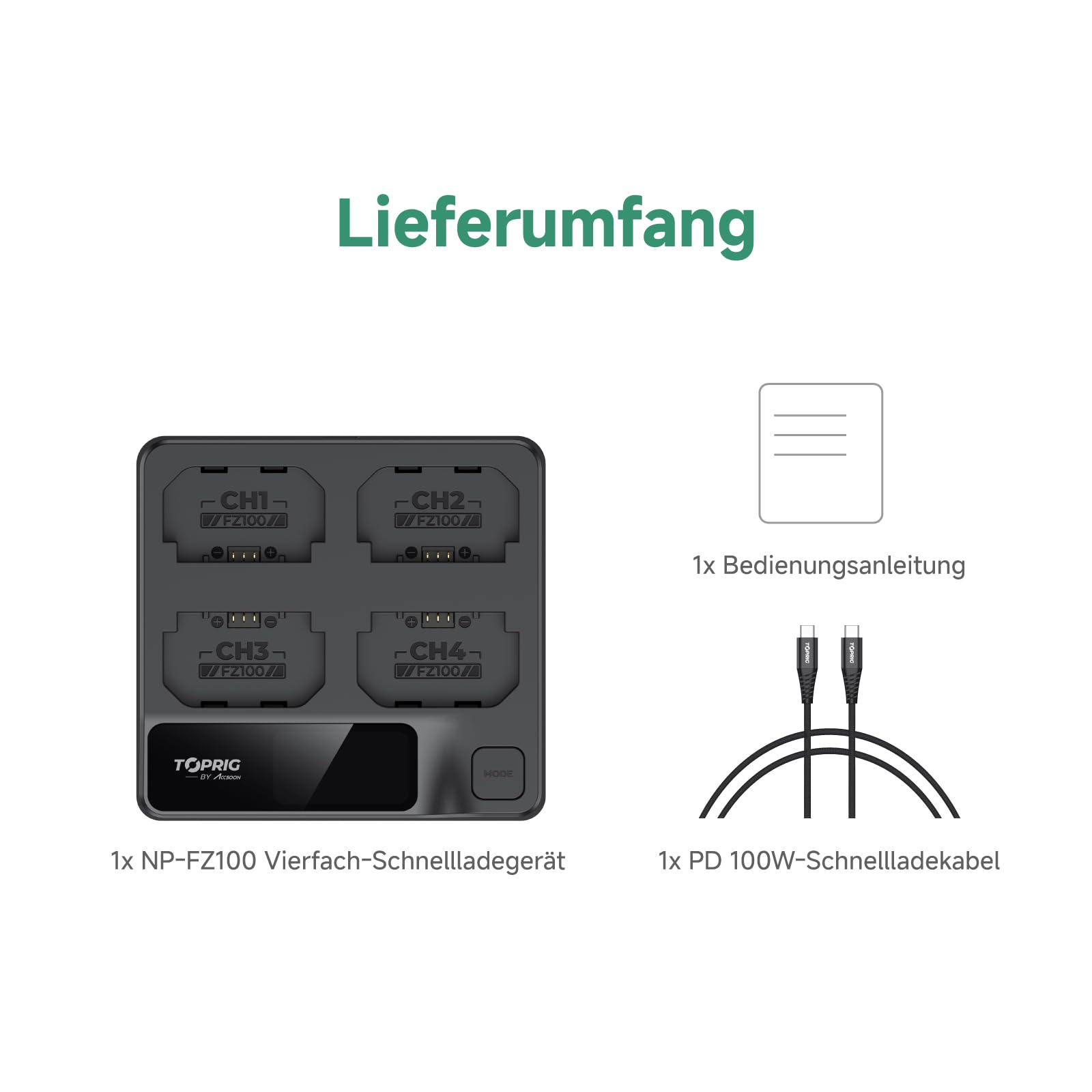 Toprig BC02 NP-FZ100 4-Kanal-Kamera-Akkuladegerät, USB-C PD 60 W Schnellladung, Vollfarb-LCD-Display, Echtzeit-Akkustandsüberwachung, tragbares Design, kompatibel mit Sony NP-FZ100-Akku