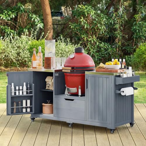 Merax Outdoor Grill Table for Big Green Egg Grills 66.5 Patio Kitchen Island on Wheels with Stainless Steel Tabletop Drawer and Spice Rack Solid Wood Outdoor Storage Cabinet for Backyard Grey Blue