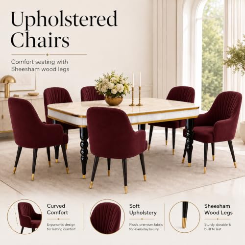 Image of 6-Seater Dining Table Set with Nano Composite Marble Top | Golden PVC Wooden Base | Includes 6 Fabric Upholstered Chairs | 2 Year Warranty | Dining Room Furniture Set for Home (Maroon)
