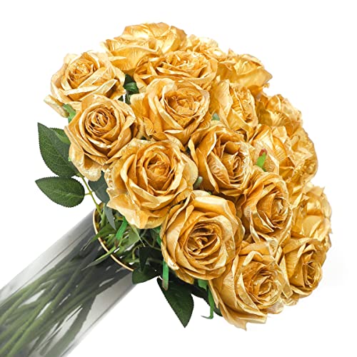 Veryhome Lot de 10 roses artificielles en soie pour mariage, bouquet de mariée, jardin, anniversaire, fête, décoration de mariage, Doré Cover
