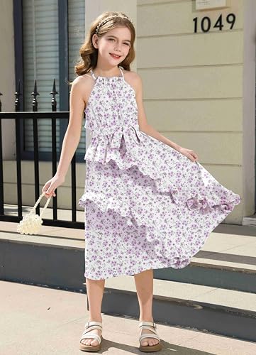 Teen Dresses Size 12-14 Kids Elegant Semi Formal Spring Easter Sundress Summer Wedding Guest Halter Sleeveless Dress Purple Floral — view 4