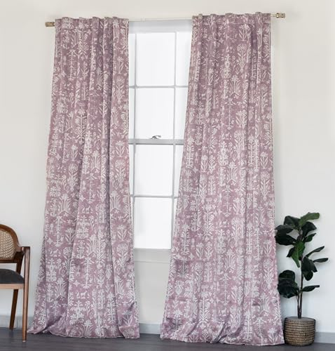 Image of Tranquebar Curtain Co. Semi Blackout, 7 Feet Long, 80% Blackout, Mauve Botanical Print, Pink Curtains, Boho Curtains for Living Room, Heavy Polyester, BackTabs, Cairo (213 cm) - 1 Piece