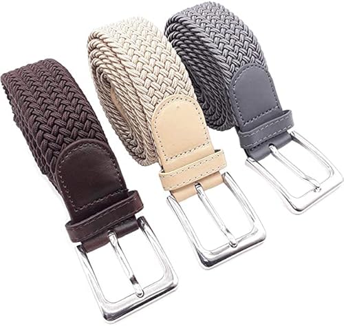 Matec Lot de 3 ceintures extensibles avec longueur totale de 115 cm et largeur de 3,5 cm et élastique tressé 1 x marron, 1 x beige et 1 x gris Cover