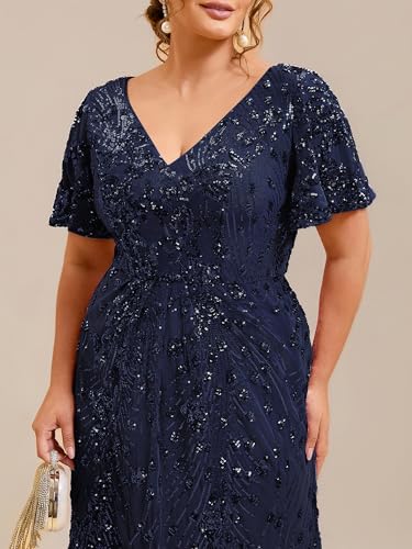 Image of Ever-Pretty Plus Women's Sequin V Neck Plus Size Prom Dress Mermaid Formal Cocktail Evening Dresses for Curvy Women