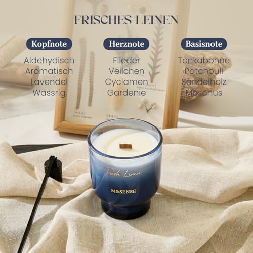 M&SENSE Duftkerze Frische Leinen|Knisterkerze mit Holzdocht|280g 60 Stunden Lang Brennende Sojawachs Duftkerzen im Glas|Luxus Kerze Geschenk für Männer und Frauen – Bild 3