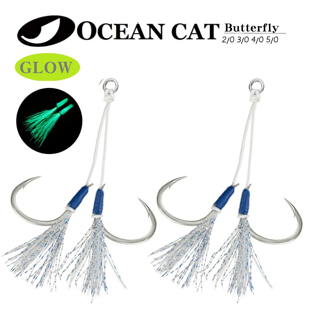 OCEAN CAT Assist Hooks Butterfly Glow Jigging Jigs Slow Fast Fall Hooks Size 2/0,3/0,4/0,5/0,6/0 (Blue-2/0-5 Packs) : Sports & Outdoors