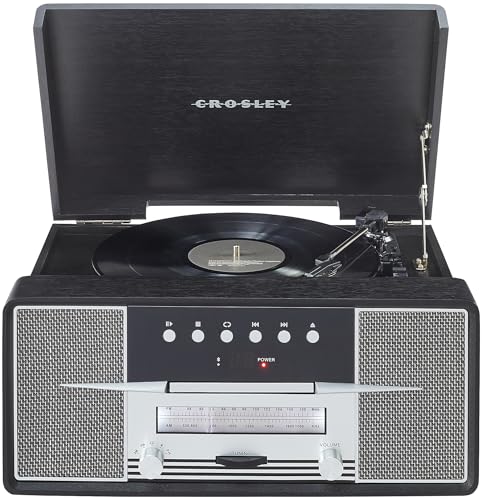 Crosley CR7016A-BK Rhapsody 7-in-1 Bluetooth 3-Speed Vinyl Record Player Turntable, CD Player, AM/FM Radio, Black