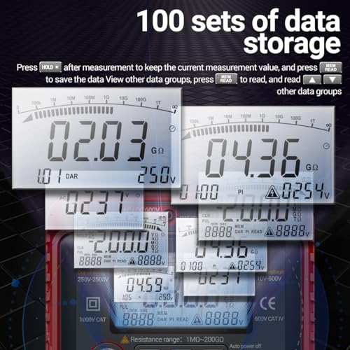 Image of Weytoll 250V-2500V Digital Insulation Resistance Tester 1MΩ-200GΩ Megohm Testing Meter Auto Range 2000 Counts LCD Display 10V~600V AC /DC Voltmeter with 100 Data Storage