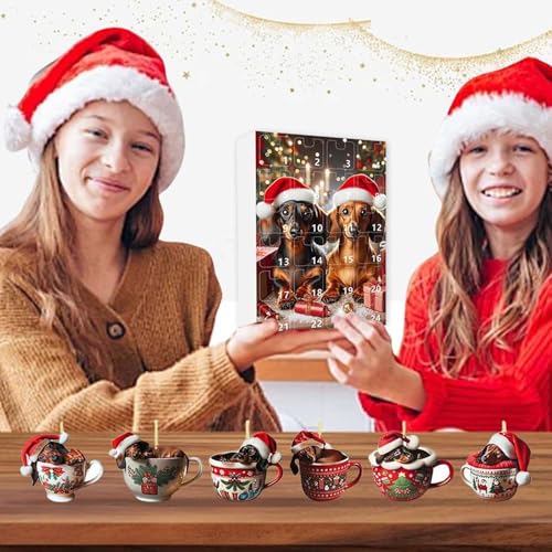 Dackel Adventskalender 2025, 24 Tage Acryl Hunde Anhänger Weihnachtskalender 2025 Kinder, Niedlicher Hund Adventskalender, Cartoon Dackel Deko Weihnachten Countdown Kalender Für Hundeliebhaber