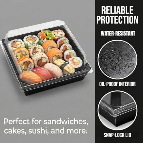 Image of Hiceeden 100 Pcs Black Paper Charcuterie Boxes with Clear Lids, 5.4 inchx5 inchx2.4 inch Cardboard Dessert Food Containers, Disposable Square Sandwich Box for Bakery, Donuts, Cookies, Strawberry, Salad