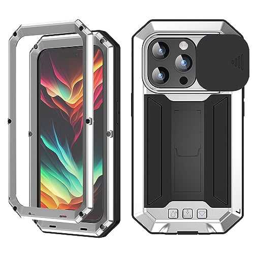 FunnyWin FW Compatible with iPhone 15 Pro Max Metal Case with Slide Camera Cover Built in Screen Protector Kickstand Full Body Hybrid Military Heavy Duty Armor Silicone Case for Man (Sliver) by FunnyWin - Used condition - US$15.09