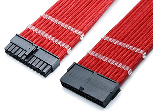 shakmods 24 pines ATX placa base rojo heatshrinkless manga Cable de extensión con 2 libre Cable peine 30 cm
