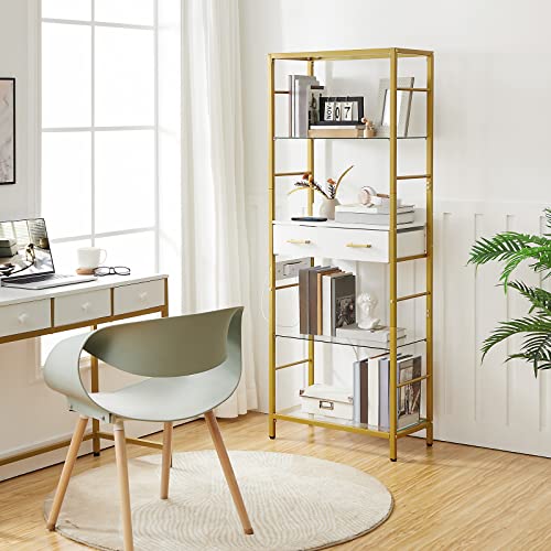 Hoobro Bookcase, Modern Bookcase With Charging Station, Glass Bookshelf, Bookcase With Drawer For Home Office, Suitable For Living Room, Study, Bedroom, Gold And White Dw65Usj01 #TOP3