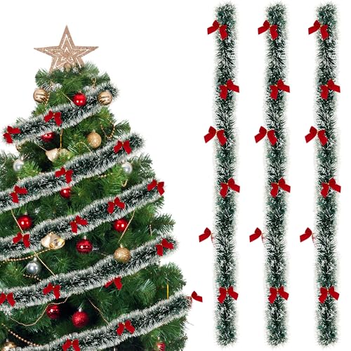 Yesaler Ghirlanda Natalizia con Fiocchi di Neve 6M Ghirlanda di Pino Artificial Verde con 18 Pezzi Nodos Rosso Decorazioni Natalizie per Scale (Nodos rosso)