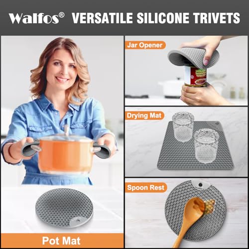 Image of Walfos Silicone Trivet Mats - 4 Heat Resistant Pot Holders, Multipurpose Non-Slip Hot Pads for Kitchen Potholders, Hot Dishers, Jar Opener, Spoon Holder, Food Grade Silicone & BPA Free (Nordic Grey)