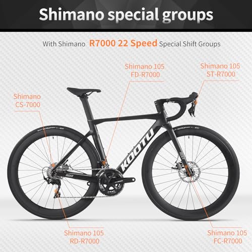 KOOTU Full Carbon Road Bike, T800 Carbon Fiber Frame Lightweight Racing Bicycle with 105 R7000 22 Speed Groupset and Wire-Pull Disc Brake for Adult