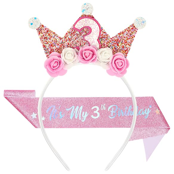 Alaoo 3th Birthday Girl Crown Headband, Princess Crown Flower Tiara Headbands with Shawl, Birthday Glitter Hair Band for Toddlers Girls Birthdays Party Supplies Decorations Gift