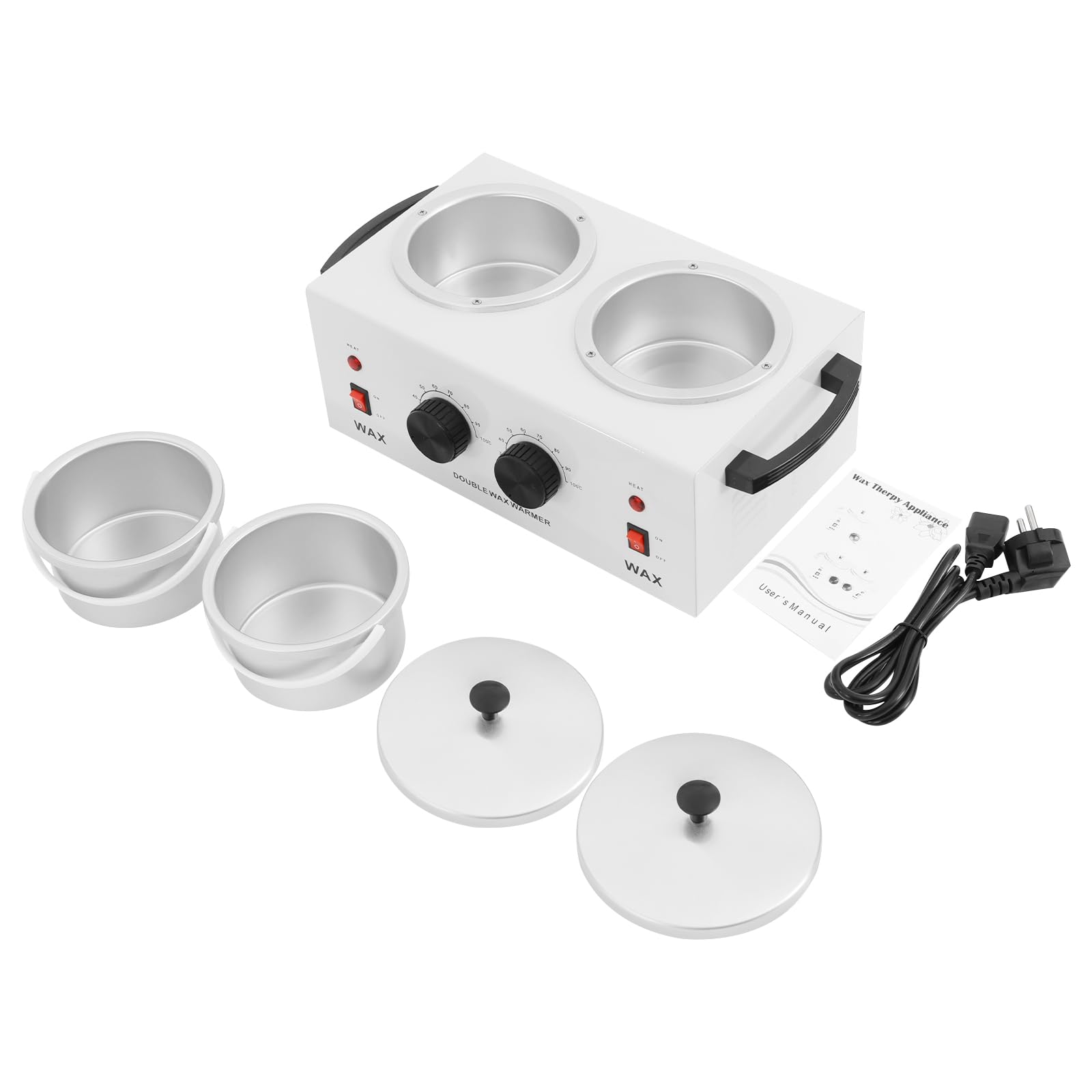 Elektryczny podgrzewacz wosku 200 W, 2 x 400 ml, regulacja temperatury 0 – 100 °C, do woskowania, depilacji, profesjonalny topiarka do wosku z pokrywką do salonu, spa i użytku domowego
