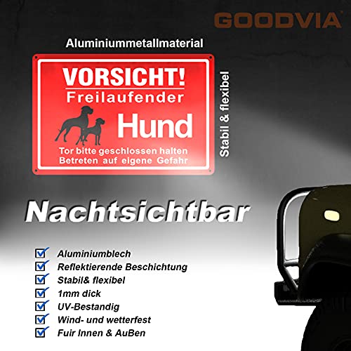 Goodvia Freilaufender Hund Schild Metall 20 * 30cm, Achtung Hunde Schild Vorsicht Freilaufender Hund Aluminium Reflektierendes Schilder Warnung vor Dem Hund, Innen und Außen Anwendbar
