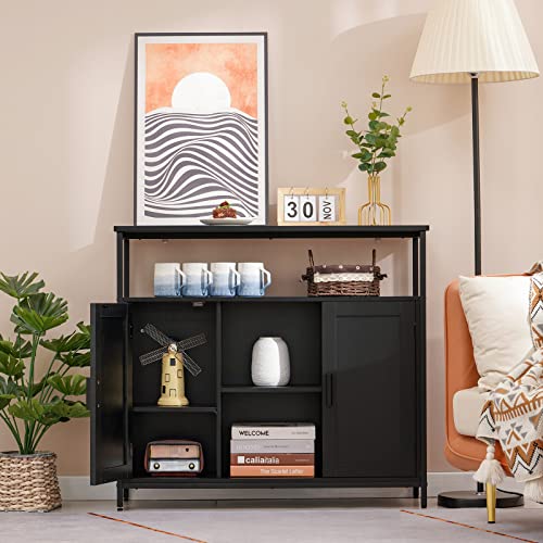 Usikey Storage Cabinet With 2 Doors, Kitchen Buffet Cabinet With Storage, Storage Sideboard With Adjustable Shelves, For Living Room, Dining Room Dark Black #TOP1
