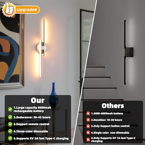 Image of Battery Operated Wall Sconce Set of 2, Brushed Nickel 23.6 inch 3000K-6500K Dimmable Wall Sconces with Remote Control, Wireless Wall Light Rechargeable for Bedroom Hallway Living Room Background