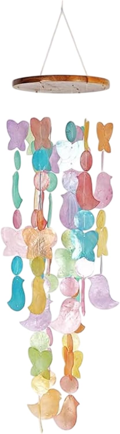 Capiz Shell Wind Chimes, Handmade Memorial Wind Chime with Melodious Sound, Sturdy Wood Top, Multicolor