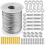 Juego de 56 cables de alambre de acero inoxidable: juego de cables de alambre de acero inoxidable de 30 m, alambre de acero inoxidable recubierto de plástico, 5 tornillos para cesta de flores, 10 clavos de garra M3, 10 tornillos de expansión M5, 10 cuellos, 20 lazos