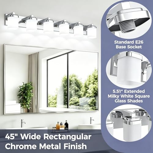 Image of 45 Inches Bathroom Vanity Light, 6-Light Chrome Bathroom Light Fixtures Over Mirror, Bathroom Light Shower Lamp with Milky White Square Glass Shade, Modern Farmhouse Lighting Fixtures