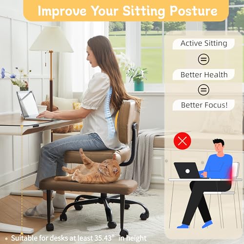 Image of Criss Cross Legged Office Chair with Wheels,Swivel Meditation Chair for ADHD,Ergonomic Cross Legged Desk Chair with Thicken Adjustable Footstool,PU Sitting Fidgeting Kneeling Chair for Home Yoga Brown