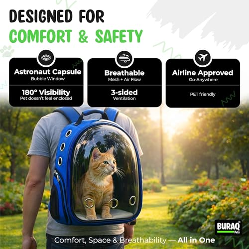 Image of Buraq Astronaut Pro Pet Carrier Backpack (41L x 32W x 26H cm) - Transparent Bubble Capsule Design, Airline-Approved, Breathable & Ventilated Travel Bag for Cats
