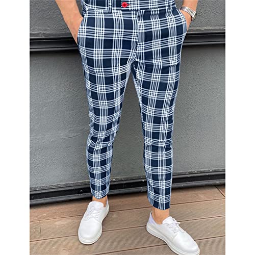 Men's Plaid Dress Pants Casual Mid Waist Skinny Stretch Suit Pants Slim Fit Slacks Tapered Pencil Lounge Trousers2