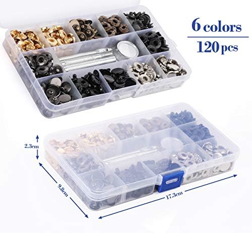 ilauke 120 Sets Snap Fasteners, Metal Snaps Button Canvas Snaps Kit Press Studs with Punch Pliers and 4 Pieces Fixing Tool Kit for Clothes Craft Repairs Decoration, 6 Colors